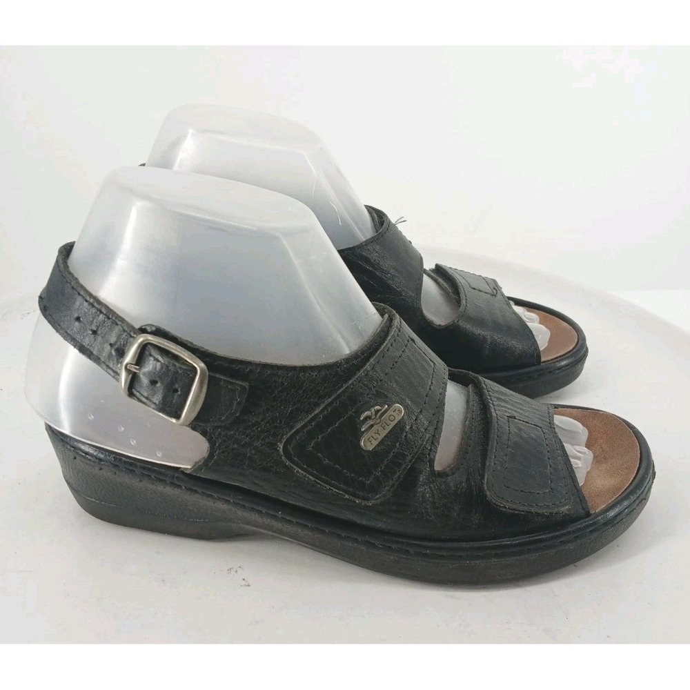Fly Flot Blac Womens Leather Slingback Buckle Sandals Comfort Italy SZ 8  C132